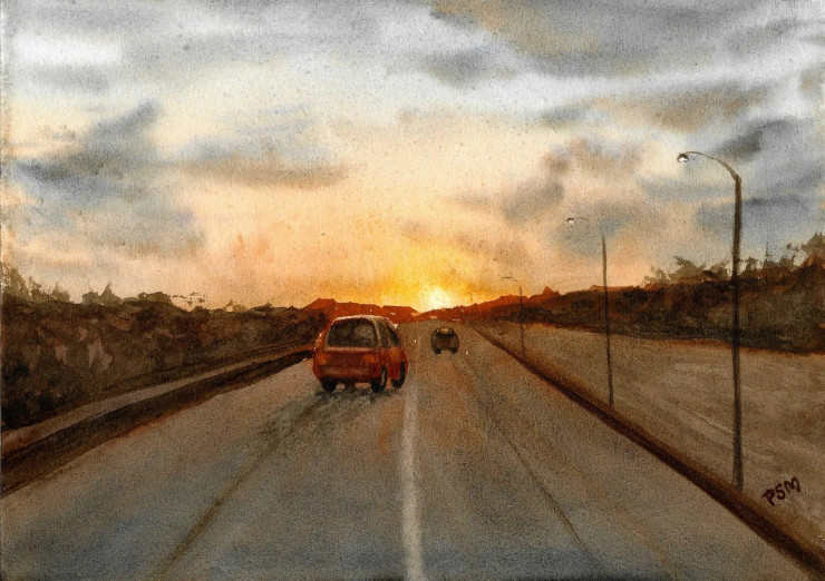 Highway Evening 4 (ART-5291-122375) - Handpainted Art Painting - 11in X 8in