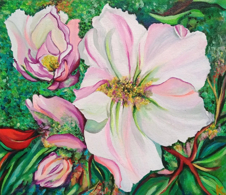 Garden Serenity White Flower Acrylic Painting (ART-8034-122444) - Handpainted Art Painting - 11in X 10in