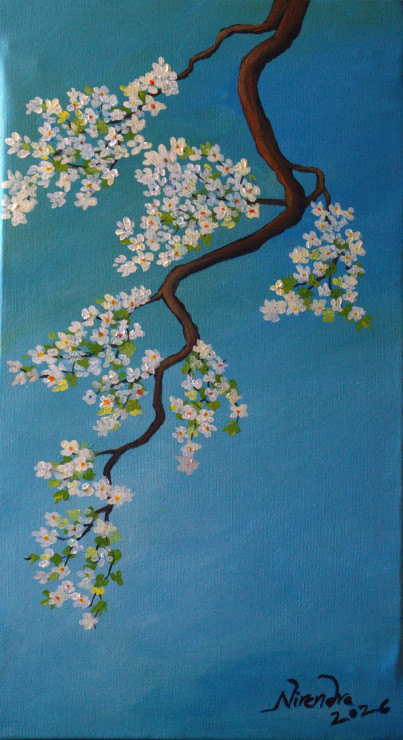 "Cherry Blossom Branch In Bloom" (ART-18526-122441) - Handpainted Art Painting - 12in X 21in