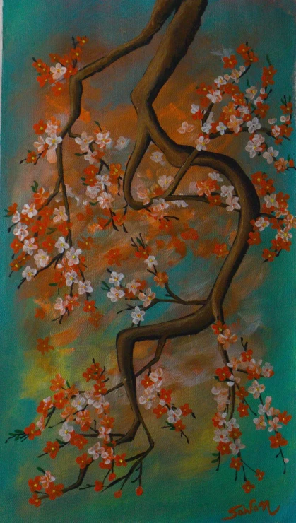 "Cherry Blossom" (ART-18526-122438) - Handpainted Art Painting - 12in X 21in