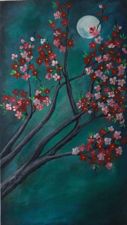 Red Cherry Blossoms Under Moonlight (ART-18526-122439) - Handpainted Art Painting - 12in X 21in
