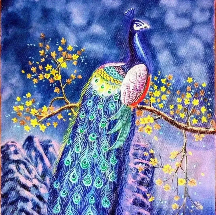 Mayura Mayam (The Golden Blossom Sentinel) (ART-18554-122538) - Handpainted Art Painting - 18in X 24in