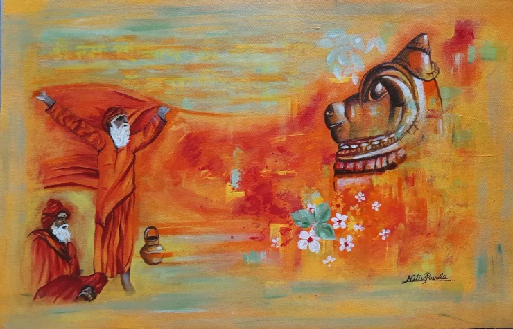 The Devotion Of NANDI (ART-18520-122563) - Handpainted Art Painting - 23in X 15in