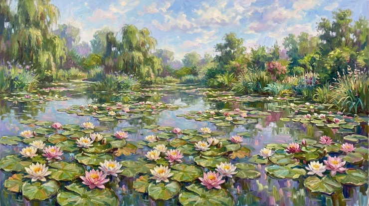 Lily Reflections Aglow (013709) (PRT-15697-122635) - Canvas Art Print - 60in X 33in