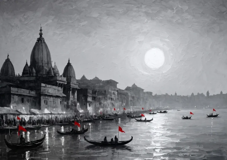 Banaras Ghat Painting (ART-3319-122616) - Handpainted Art Painting - 36in X 24in