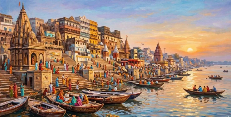 Banaras Ghat Painting (ART-3319-122615) - Handpainted Art Painting - 60in X 36in