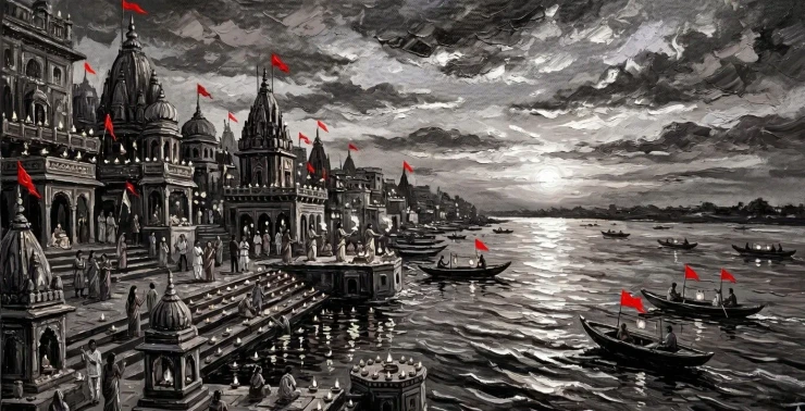 Varanasi Ghat Painting (ART-3319-122602) - Handpainted Art Painting - 48in X 30in