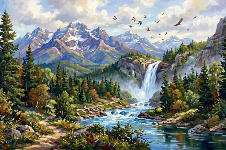 Forest Scenery Waterfall Mountains Landscapes Painting (ART-3319-122598) - Handpainted Art Painting - 40in X 30in