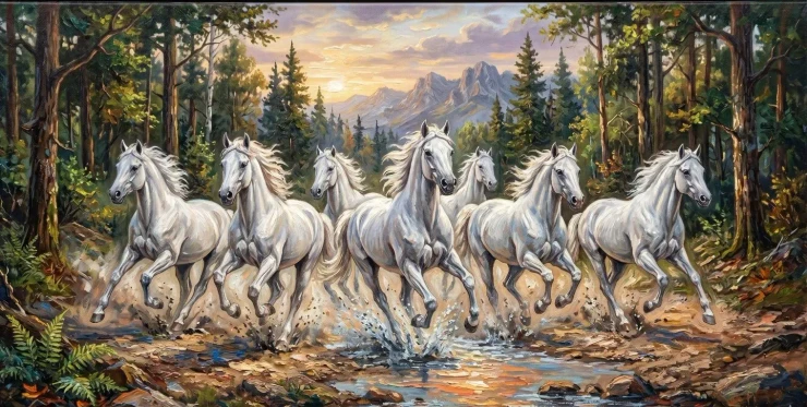 7 Running Horses Painting As Per Vastu Shashtra (ART-3319-122596) - Handpainted Art Painting - 48in X 24in