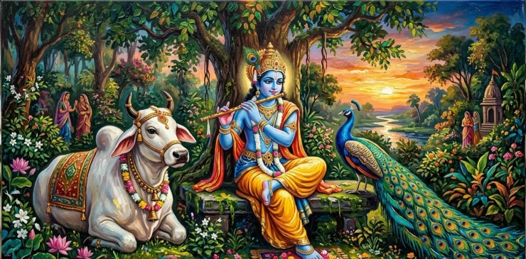 Handmade Acrylic Style Lord Krishna Painting - Vrindavan Landscape Canvas Art (ART-3319-122593) - Handpainted Art Painting - 60in X 24in