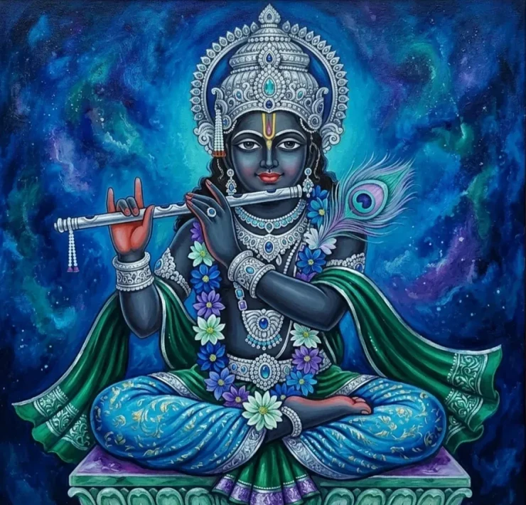 Handmade Acrylic Style Lord Krishna Painting - Divine Krishna Playing Flute Canvas Art (ART-3319-122590) - Handpainted Art Painting - 28in X 28in