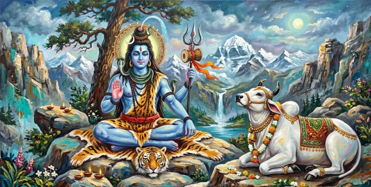Lord Shiva Meditating On Mount Kailash - Handmade Acrylic Painting (ART-3319-122618) - Handpainted Art Painting - 60in X 30in