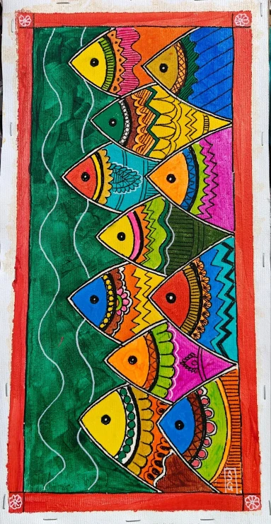 Madhubani Fish Symphony (ART-7902-122609) - Handpainted Art Painting - 9in X 18in