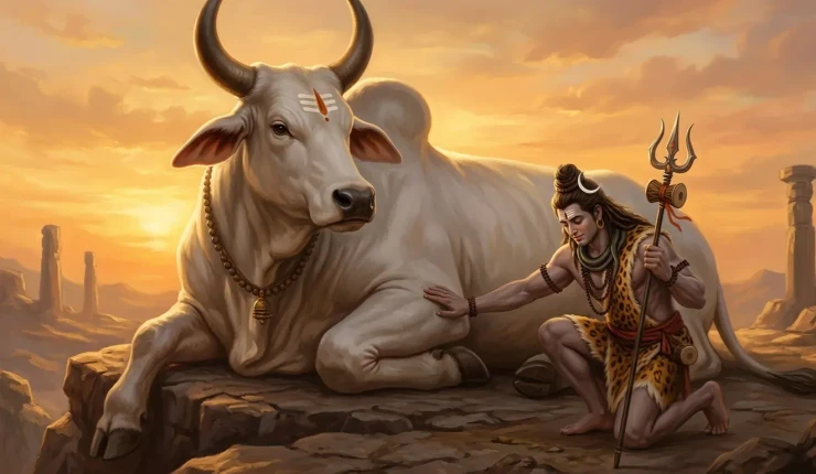 Handmade Acrylic Style Lord Shiva Painting - Sacred Nandi Bull Canvas Art (ART-3319-122588) - Handpainted Art Painting - 48in X 30in