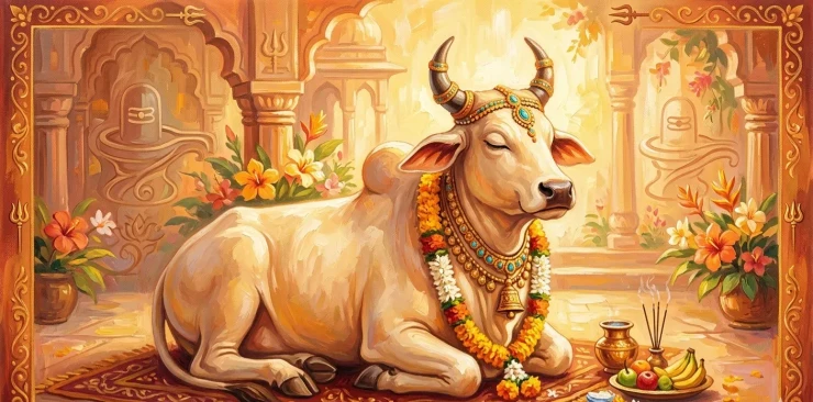 Divine Nandi Bull Acrylic Style - Vastu & Temple Blessings Painting (ART-3319-122587) - Handpainted Art Painting - 48in X 24in