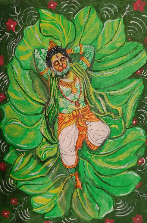 "Lord Hanuman Acrylic Canvas Painting" (ART-18547-122577) - Handpainted Art Painting - 12in X 17in