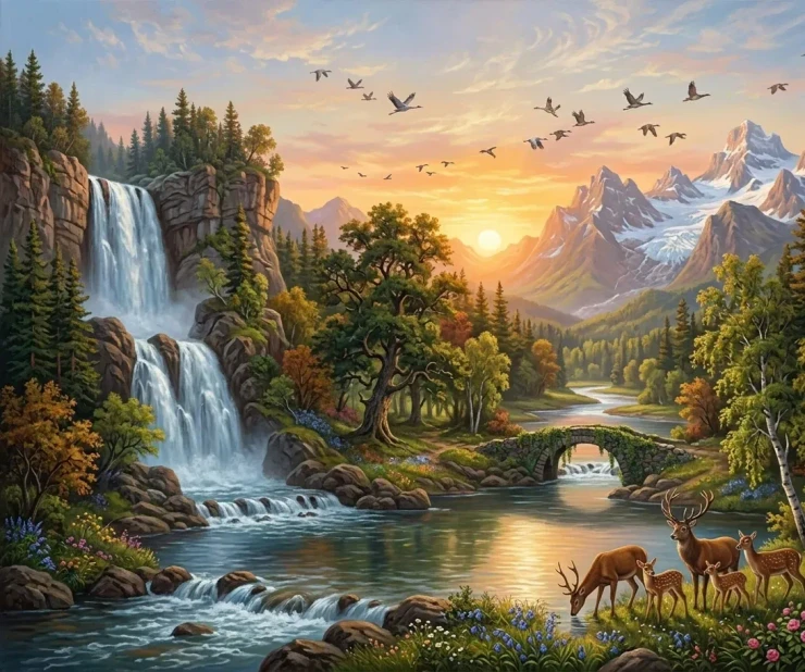Handmade Acrylic Style Nature Landscape Painting - Waterfall Mountain Canvas Art (ART-3319-122575) - Handpainted Art Painting - 40in X 30in