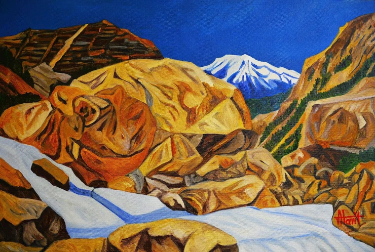 Stream And Boulders (ART-2948-122196) - Handpainted Art Painting - 24in X 16in