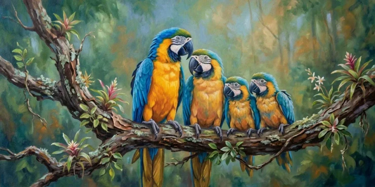 Macaw Parrot Family Acrylic Painting, Blue And Gold Tropical Bird Wall Art (ART-3319-122739) - Handpainted Art Painting - 48in X 24in