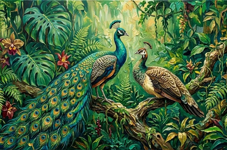Peacock Abstract Acrylic Painting, Colorful Tropical Jungle Wall Art (ART-3319-122737) - Handpainted Art Painting - 36in X 24in