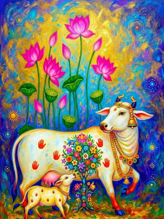"Kamadhenu’s Grace: A Divine Symphony Of Lotus And Life" (ART-3319-122717) - Handpainted Art Painting - 30in X 36in