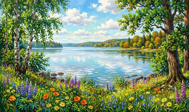 Nature's Heaven View Sea View Forest Landscape Scenery Painting (ART-3319-122715) - Handpainted Art Painting - 48in X 24in