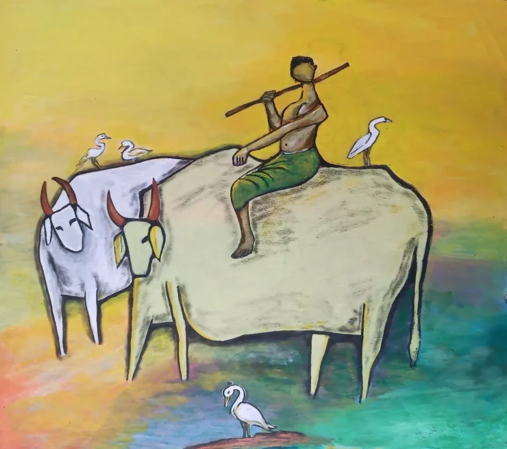 Cow And Boy (ART-17698-122722) - Handpainted Art Painting - 21in X 18in
