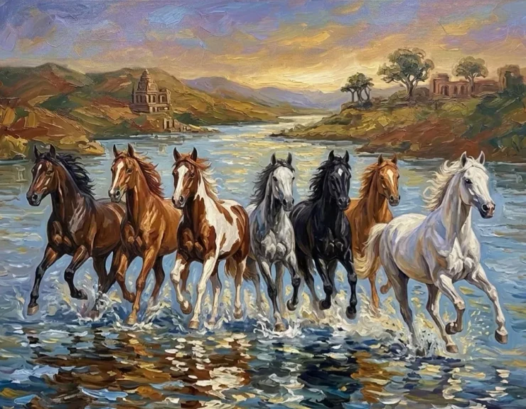 7 Running Horses As Per Vastu (ART-3319-122792) - Handpainted Art Painting - 36in X 30in