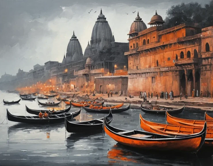 Varanasi Ghat Painting- Heavenly View (ART-3319-117774) - Handpainted Art Painting - 48in X 36in