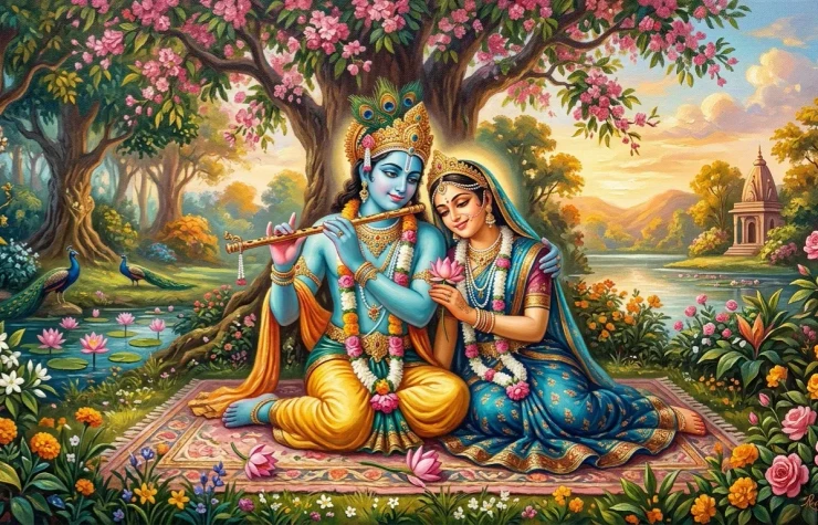 The Divine Radha Krishna (ART-3319-122673) - Handpainted Art Painting - 48in X 36in
