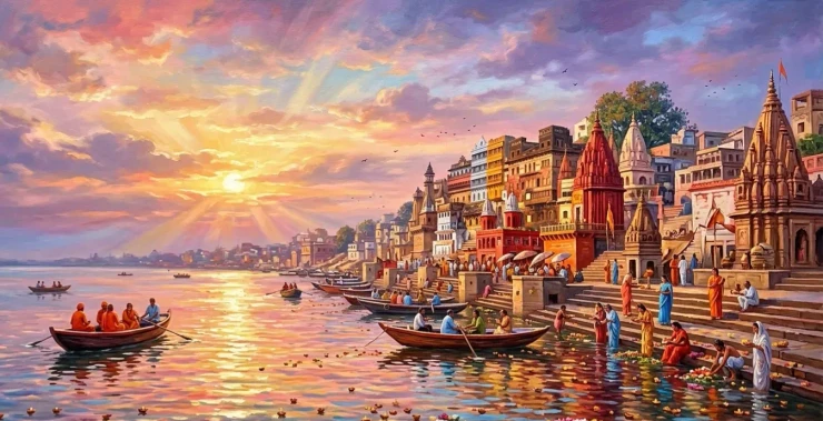 Banaras Ghat Painting (ART-3319-122662) - Handpainted Art Painting - 48in X 30in