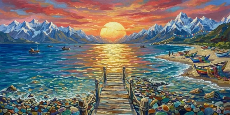 Handmade Style Mountain Lake Acrylic Painting – Sunset Pier Canvas Wall Art (ART-3319-122823) - Handpainted Art Painting - 48in X 24in