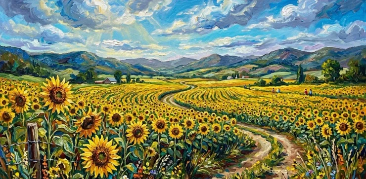 Handmade Textured Acrylic Sunflower Painting – Abstract Impasto Landscape Canvas (ART-3319-122820) - Handpainted Art Painting - 48in X 24in