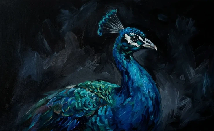 "Dark Elegance: A Detailed Portrait Of A Peacock" (ART-3319-122763) - Handpainted Art Painting - 36in X 24in