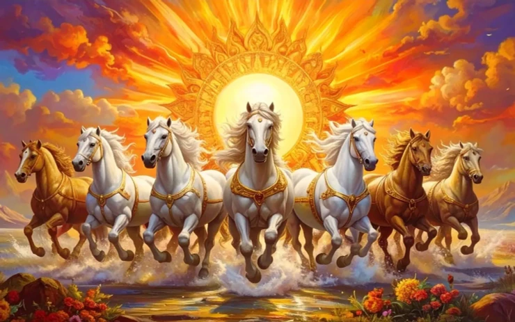 Seven Horses Of The Sun – Surya's Divine Chariot (PRT-17594-122879) - Canvas Art Print - 30in X 19in