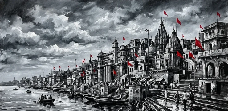 Banaras Ghat Painting (ART-3319-122819) - Handpainted Art Painting - 48in X 30in