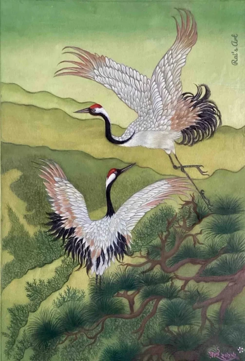 Dancing Cranes (ART-8729-122922) - Handpainted Art Painting - 12in X 16in