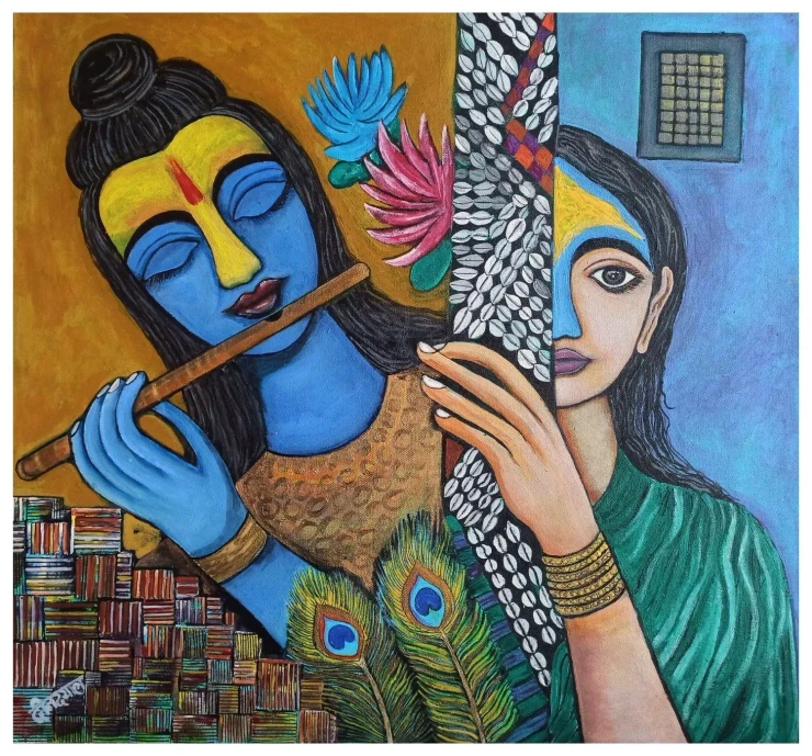 Love Of Radha (ART-17698-122975) - Handpainted Art Painting - 24in X 24in