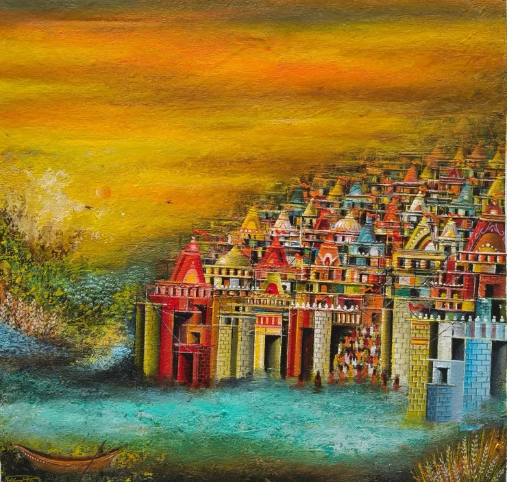 River Of Blessings (ART-8439-122957) - Handpainted Art Painting - 17in X 16in
