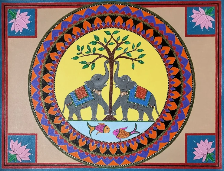 Madhubani And Mandala (ART-17697-122954) - Handpainted Art Painting - 32in X 24in