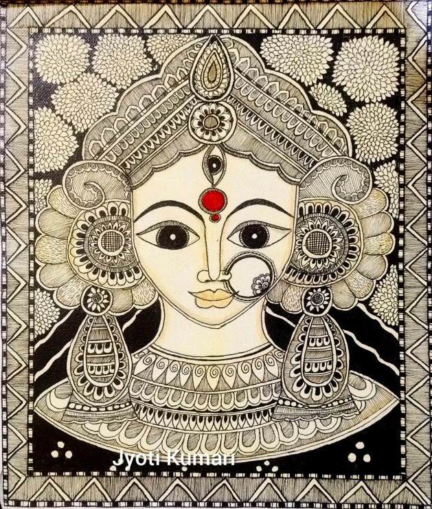 Maa Durga Madhubani Painting/Handmade Traditional Mithila Art (ART-18655-123210) - Handpainted Art Painting - 10in X 12in