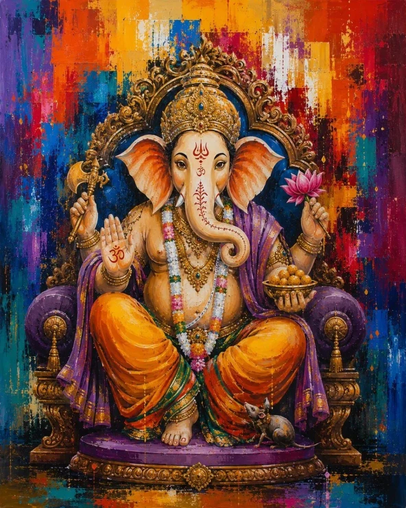 Royal Lord Ganesha – Vibrant Abstract Canvas Painting (ART-3319-123188) - Handpainted Art Painting - 30in X 40in