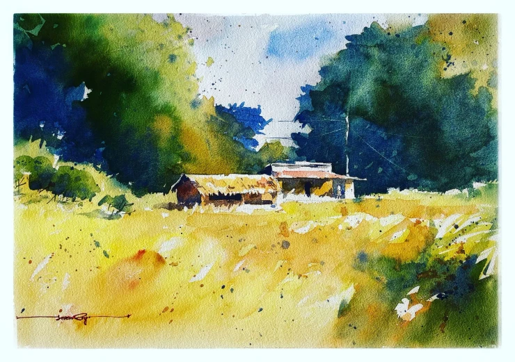 Golden Meadow (ART-5774-123096) - Handpainted Art Painting - 20in X 14in