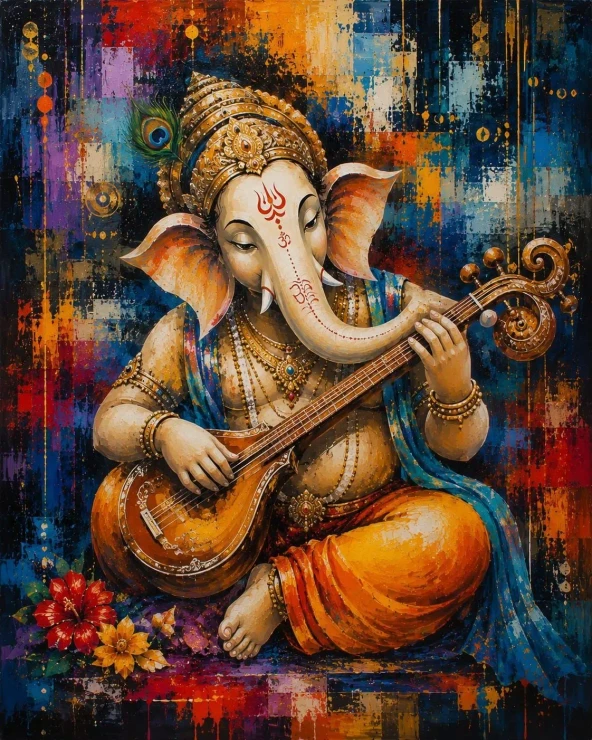 Melody Of The Divine – Handmade Lord Ganesha Canvas Painting (ART-3319-123192) - Handpainted Art Painting - 30in X 40in
