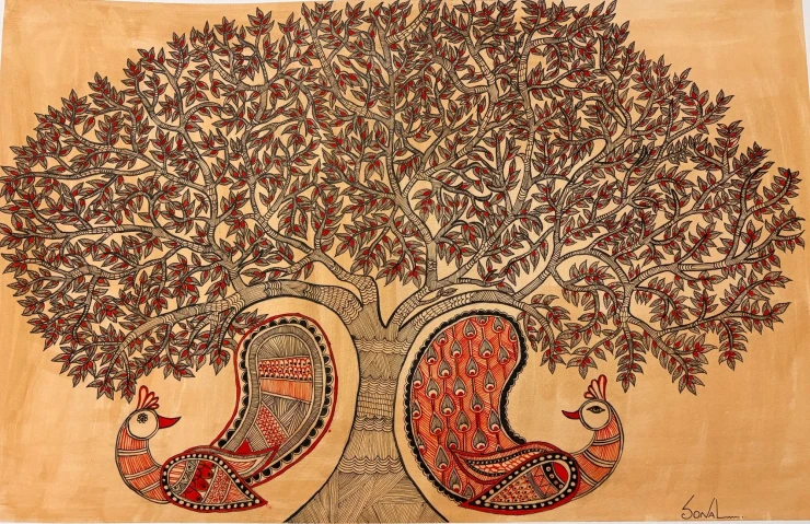 Peacocks Under The Tree Of Life (ART-2399-123214) - Handpainted Art Painting - 20in X 13in