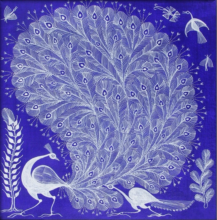 The Peacock's Romance (ART-7213-123293) - Handpainted Art Painting - 9in X 9in