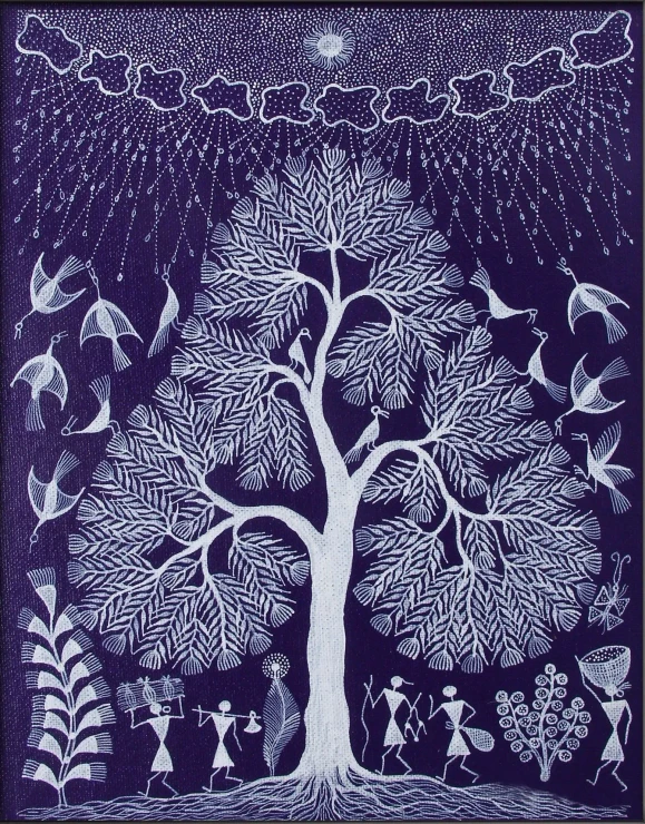 Tree Of Life In The Monsoon – A Warli Celebration (ART-7213-123287) - Handpainted Art Painting - 12in X 9in