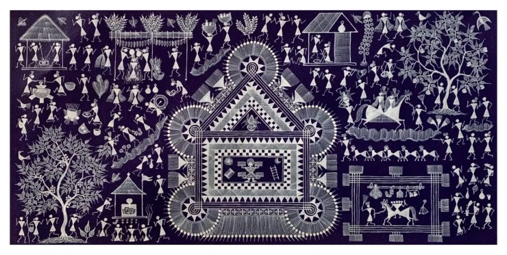 The Sacred Union – A Warli Wedding Celebration (ART-7213-123278) - Handpainted Art Painting - 24in X 12in