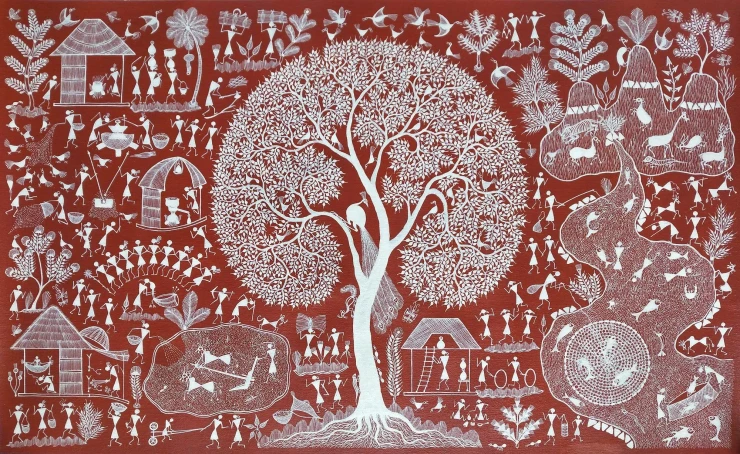 The Tree Of Life – A Warli Tapestry Of Tribal Life (ART-7213-123272) - Handpainted Art Painting - 24in X 15in