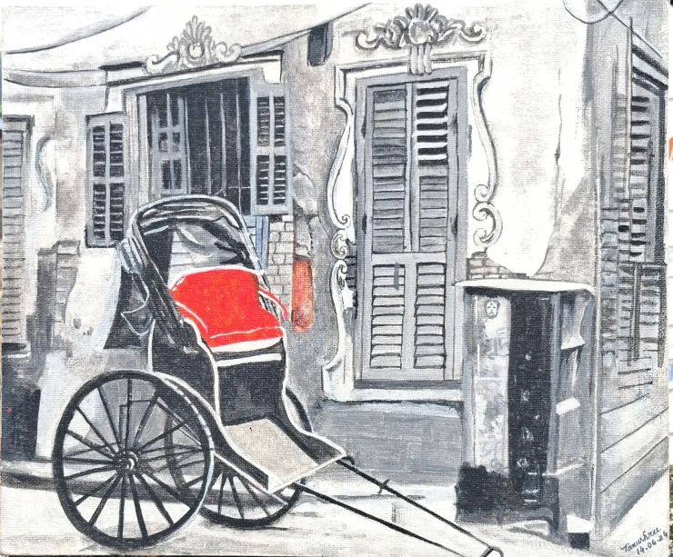 Heritage Kolkata | Red Rickshaw Monochrome Acrylic Painting` (ART-18670-123257) - Handpainted Art Painting - 12in X 10in